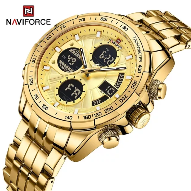 NAVIFORCE Men Watch Luxury Gold Steel Big Case Men Quartz Digital Wristwatch