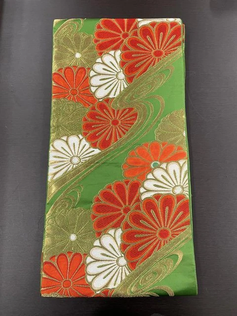 Kimono Nagoya Obi Belt  Green Floral Pattern Embroidery Gold Thread Luxury Retro