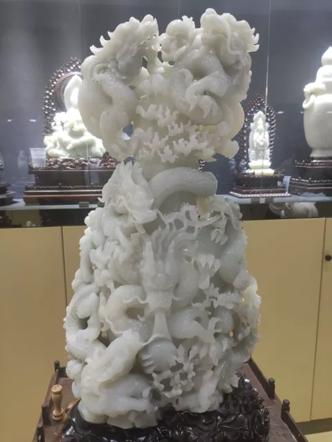 Chinese Exquisite Handmade dragon carving Hetian Jade Statue
