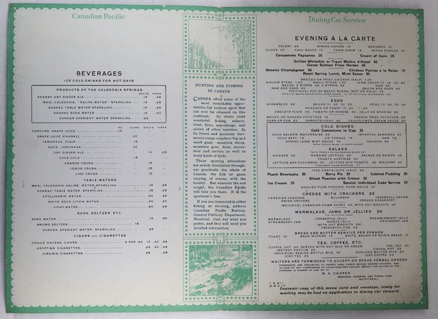 Vintage Canadian Pacific Railroad Dining Car Service Menu Circa 1940s