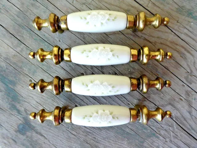 Vintage Hardware Drawer Pull Cabinet Handle Brass Porcelain Floral Lot of 4