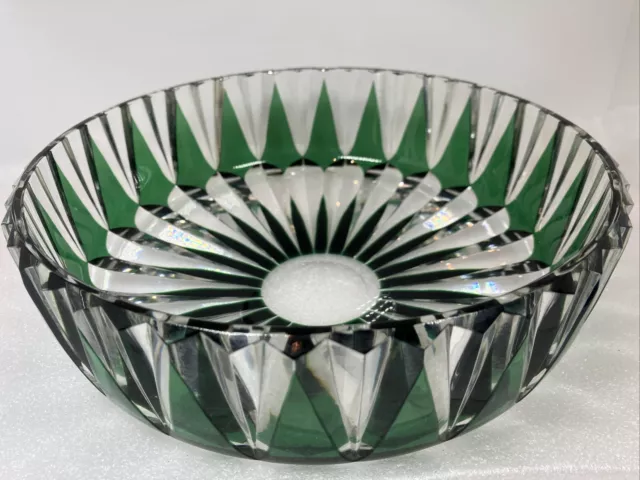 Val St Lambert Emerald / Clear Crystal Bowl  Signed By Artist 9.5 Dia.  Art Deco