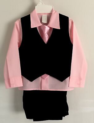 4 Pc Little Boy’s Black Pinstriped Pants & Vest, Pink Shirt & Tie Set~~Size 4