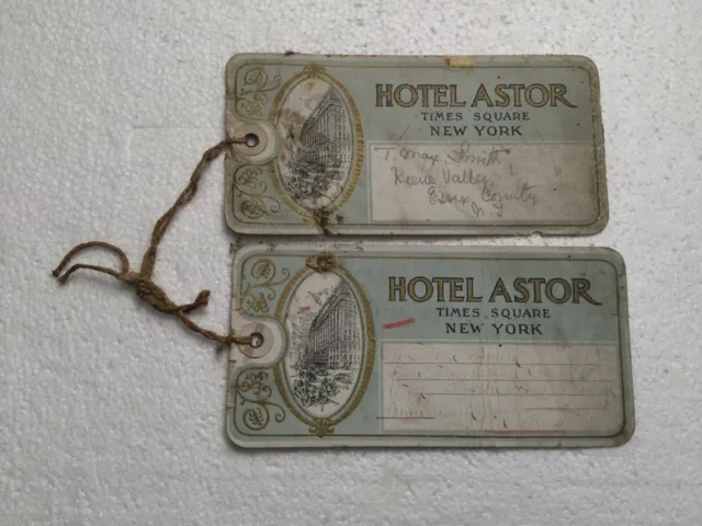 Pair Of 2 Vintage HOTEL ASTOR PAPER LUGGAGE TAGS Times Square New York
