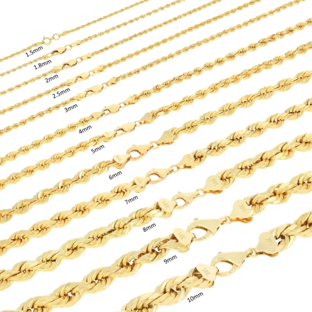 14K Yellow Gold 1mm-10mm D/C Rope Chain Link Necklace Bracelet Mens Women 7"-30"