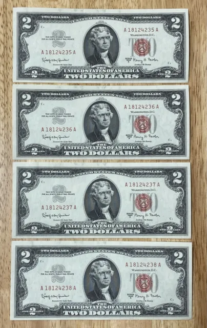 4 Pc Lot CU Consecutive 1963-A $2 Bill United States Note Red Seal 235A-ZNH