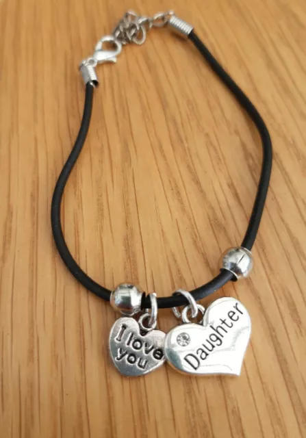 Daughter & I Love You Silver Heart Charms Black Cord  Keepsake Chain Bracelet