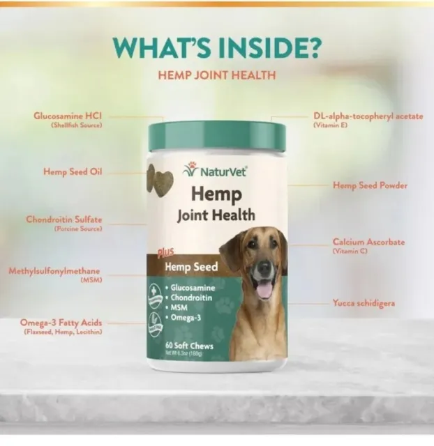 🐶🐾NaturVet Joint Health HEMP Glucosamine Soft Chews 60 count Jar for Dogs 🐶🐾 2