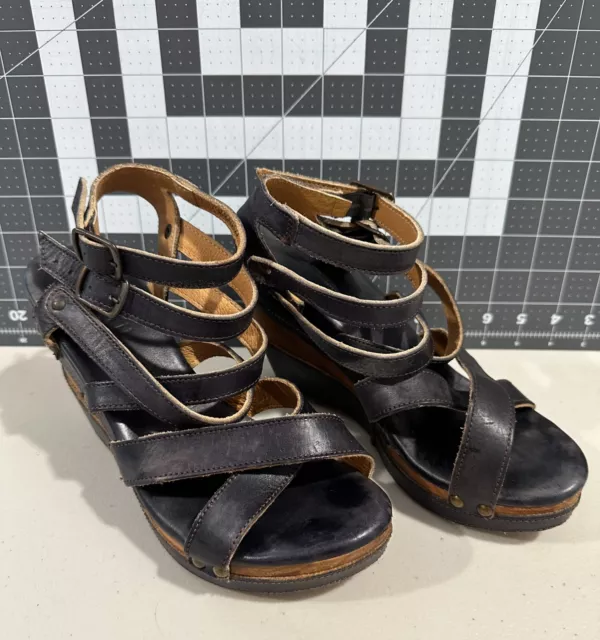 Bed Stu Juliana Wooden Wedge Strappy Sandals Studded Black Blue Leather Size 9