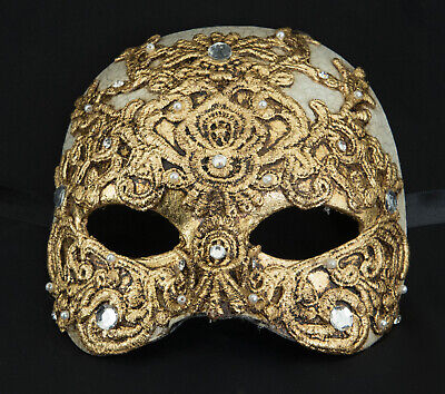 Mask from Venice Face Volto Mixed Paper Mache Macrame Golden Fancy Dress 178