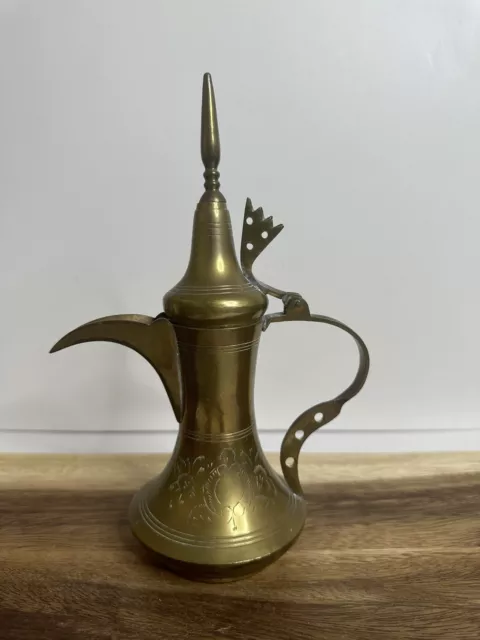 Dallah Arabic Middle Eastern Antique Brass Coffee Tea Pot  Made In India 9” Tall