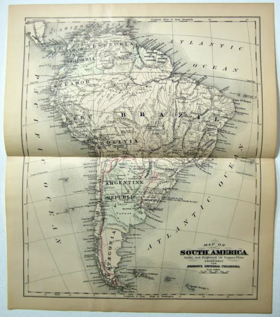 South America - Original 1886 Copper-Plate Map by AJ Johnson. Antique