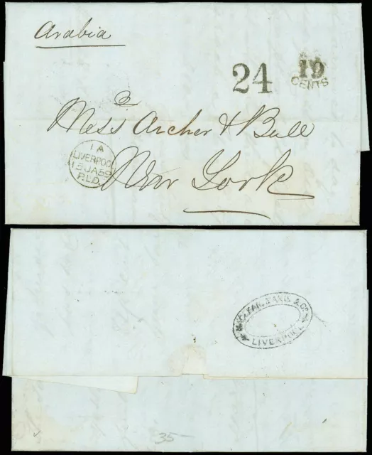 1859 London Transatlantic FLS, Ship "Arabia" -Archer & Bull, NY, "24" "19" Cents