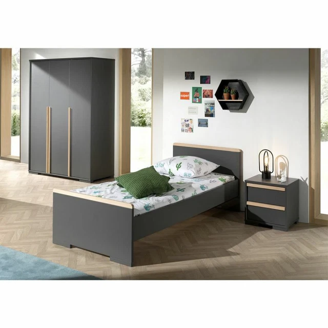 Paris Prix - Pack - Lit Enfant, Chevet & Armoire 3 Portes "london" Gris Anthraci