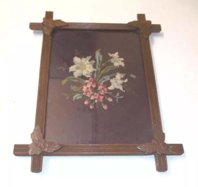 Antique Vintage Primitive Black Forest Embroidered Floral Picture Art Framed