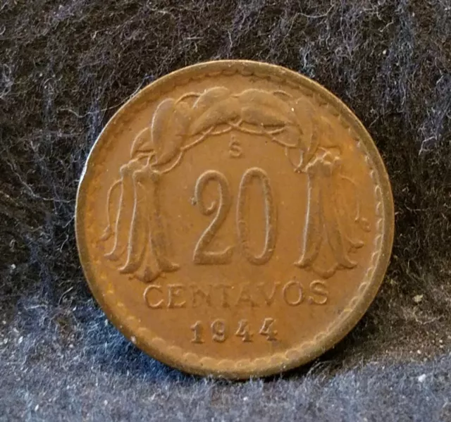 1944-So Chile 20 centavos, Santiago mint, KM-177