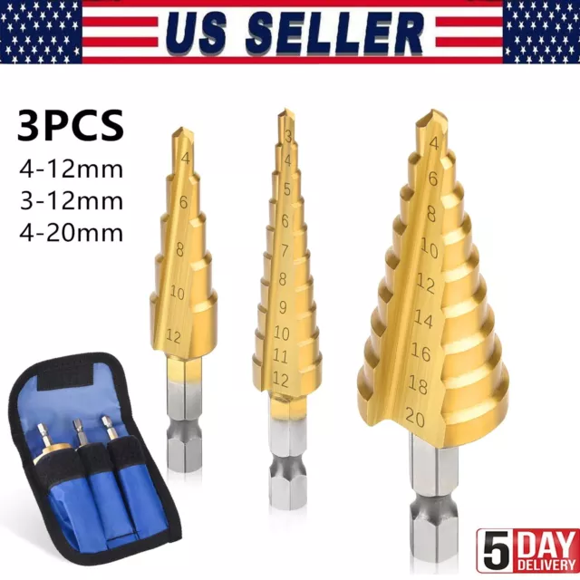 3Pcs Drill Bit Set Titanium Nitride Coated Steel Step Quick Change 1/4 Shank HSS