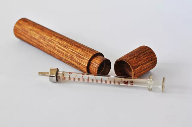 1 ml GLASS SYRINGE with wood oak tube box case antique rare Old medical Vintage