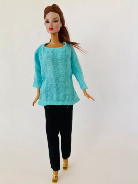 11.5" fashion doll clothes turquoise knit top black pants handmade to last #22