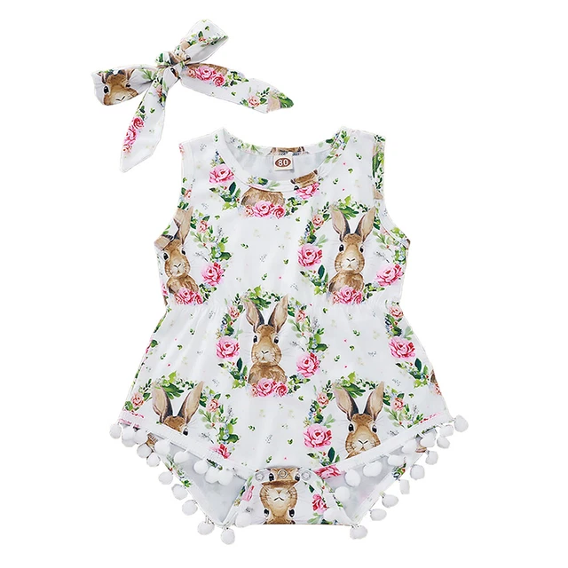 1 Set Baby Girl Easter Outfit Rabbit Romper Bodysuit Sleeveless Jumpsuit Present
