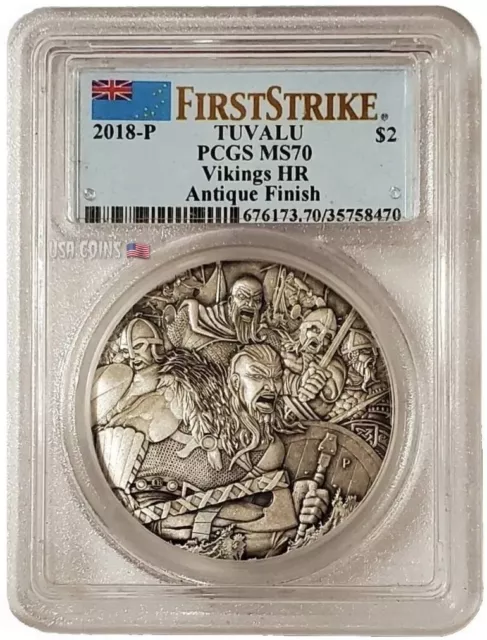 2018 1 Oz Silver $2 Tuvalu VIKINGS PCGS MS70 FS High Relief Antique Finish Coin.