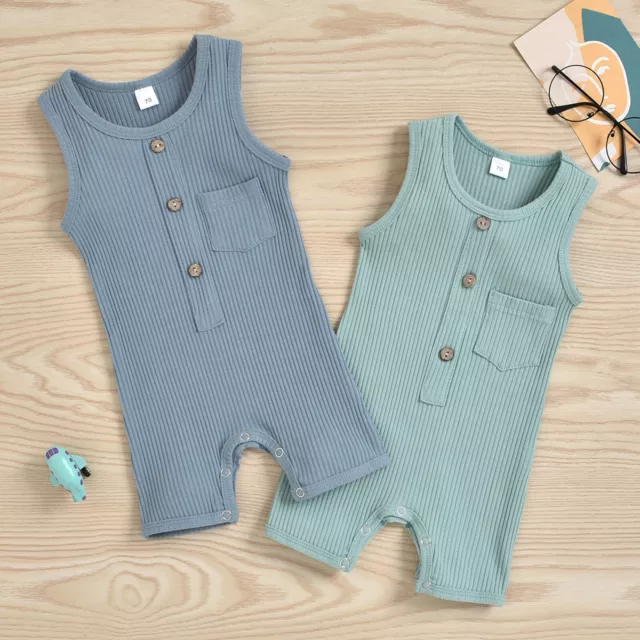 Newborn Infant Baby Boys Ribbed Button Romper Jumpsuit Outfits Summer Clothes UK