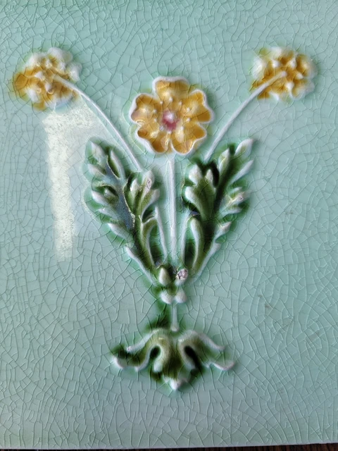 English Art Nouveau Tile 6x6 Yellow Flower Green England