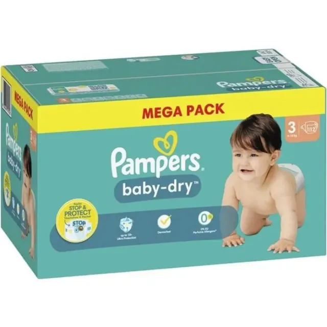 Pampers Baby-Dry Taille 3, 84 couches, jusqu'à 12 heures de protection  complète contre les fuites, 6-10 kg : : Bébé et Puériculture