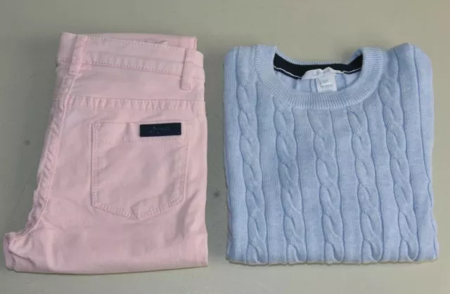 Neuf Jacadi Paris 2 PC Ensemble Filles Rose Jean + Bleu Câble Pull Tricot 6 A