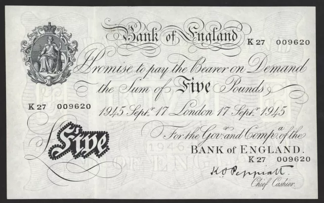 Bank of England £5 Peppiatt White Note B241 dated 17.09.45 (AUNC) K27 009620