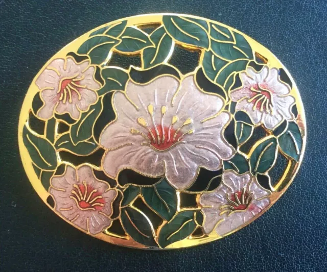 Vintage FISH & CROWN Large Oval Enamel Cloisonne Flower Brooch