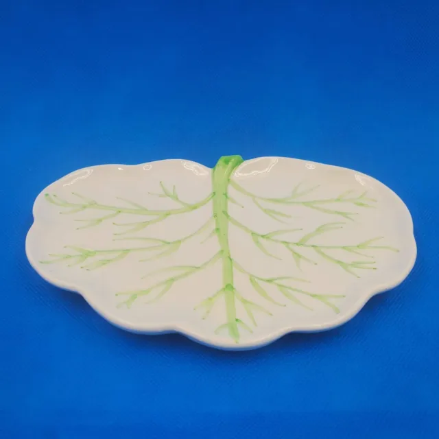 White Cabbage Leaf Ceramic Dish w/ Painted Green Accents 7.5" x 5.25" Vintage