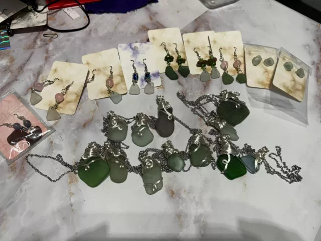 Reseller Job Lot Bundle sea glass Jewellery Pendants And Earrings, Wire Wrapped