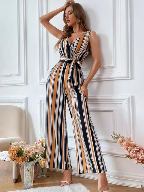 Striped Sleeveless Wide Leg Jumpsuit Surplice Neck Multicolor Tied Front S, M, L