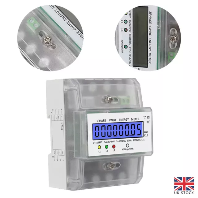 4 Wire 4P LCD Digital Electricity Power Energy Meter 3x5 (80) A 230/400V 3 Phase