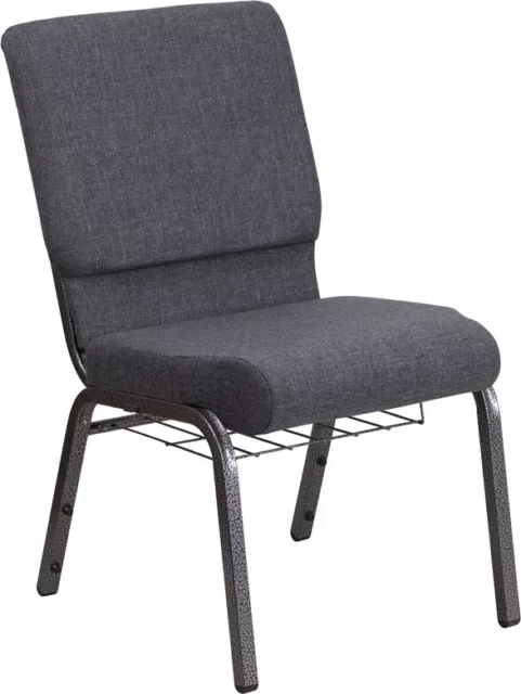 10 PACK 18.5'' Wide Dark Gray Fabric Church Chair with Book Rack & Silver Frame