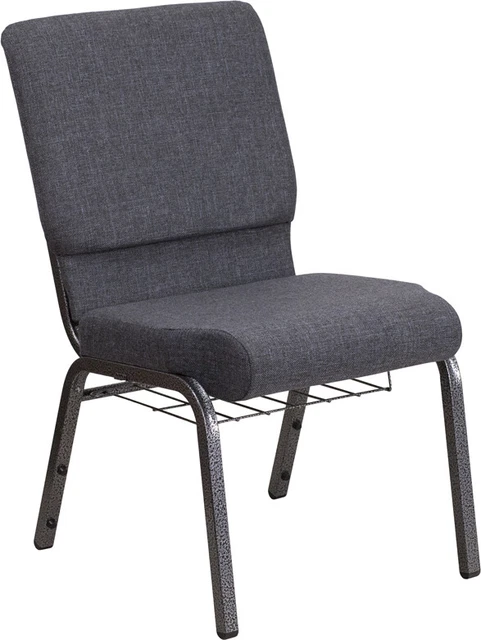 10 PACK 18.5'' Wide Dark Gray Fabric Church Chair with Book Rack & Silver Frame