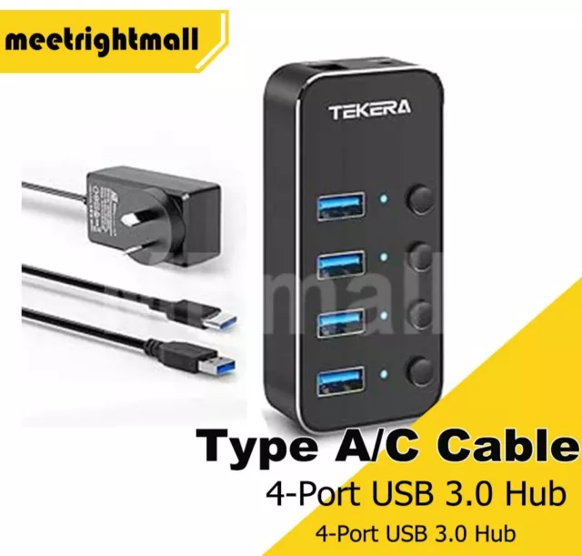 4-Port USB 3.0 Hub Splitter Switch 5Gbps Data Power Adapter Type A Type C Cable
