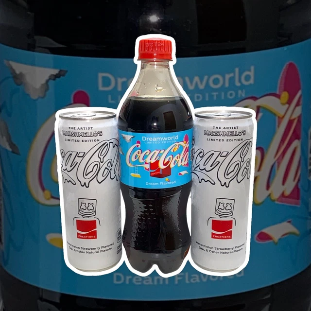 LOT OF 2 COCACOLA Marshmallow 12 Oz. Cans + 1 Dreamworld Coke 20 Oz