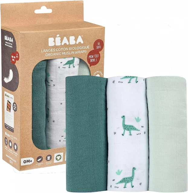 BÉABA, Lot de 3 Langes Bébé, Mousseline Coton Biologique, Jurassique
