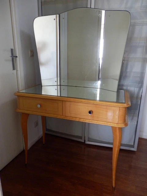 Coiffeuse Ancienne En Bois Et Marbre – 2 Tiroirs, 105cm, Très Bon état