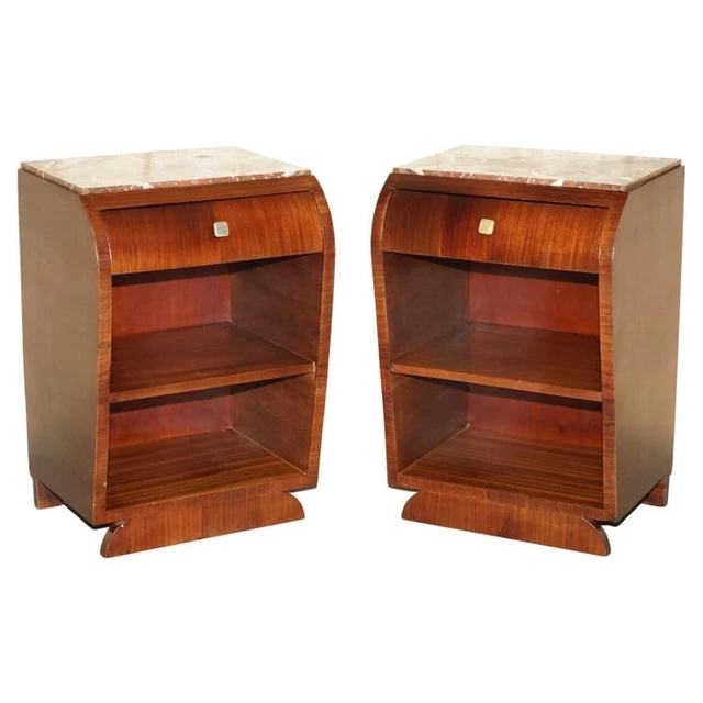 Fine Pair Of Antique French Art Deco Mahogany & Marble Topped Bedside Tables