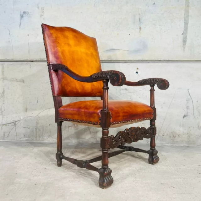 Cromwellian Revival Carved Oak and Leather Armchair Carver Chair #901