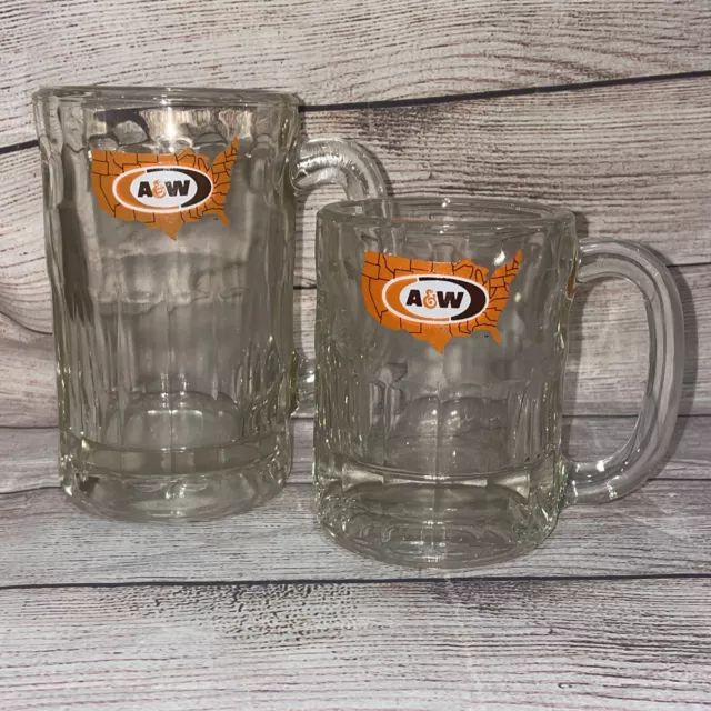 Vintage Set 2 A&W Root Beer Heavy Dimpled Glass Mug 6" & 4.5” AW 1970s USA Map