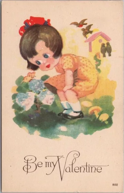 1910s VALENTINE'S DAY Greetings Postcard Little Girl / Butterfly Birds / Unused