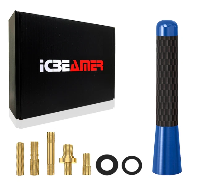 JDM Mini 3" Stubby Carbon Fiber Aluminum Vehicle AM/FM Blue Car Antenna Q737