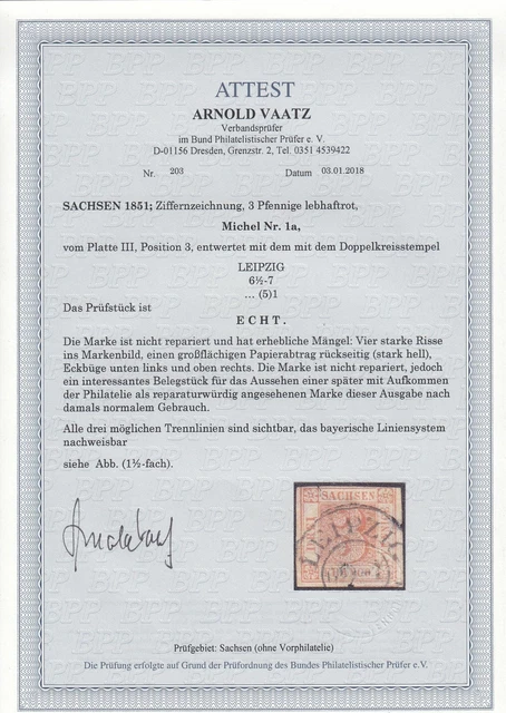 Sachsen: MiNr. 1a, Platte III, Position 3, gestempelt Leipzig, BPP Attest