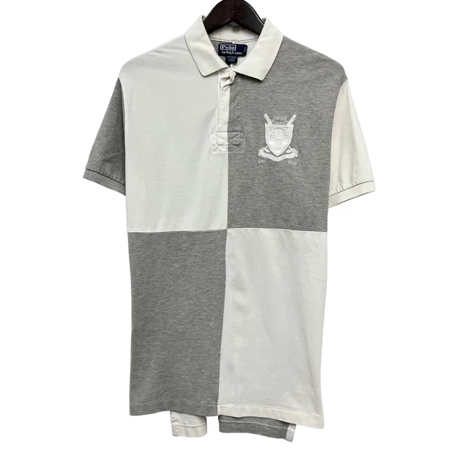 Polo Ralph Lauren Mens Polo Shirt Cream/Gray Colorblock Cricket Rugby Crest Sz M Polo Ralph Lauren Mens Polo Shirt Cream/Gray Colorblock Cricket Rugby Crest Sz M