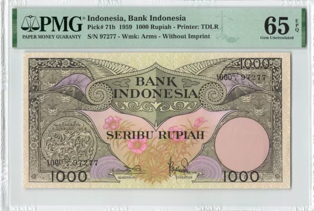 INDONESIA 1000 Rupiah 1959, P-71b, PMG 65 EPQ Gem UNC, Pretty Type, w/o Imprint