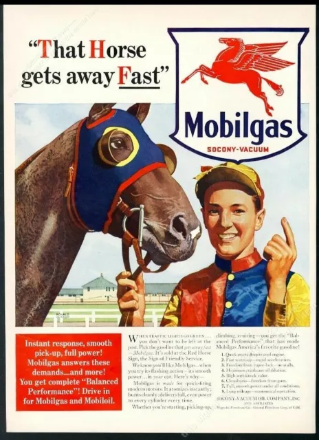 1941 race horse racehorse jockey art Mobil Oil vintage print ad